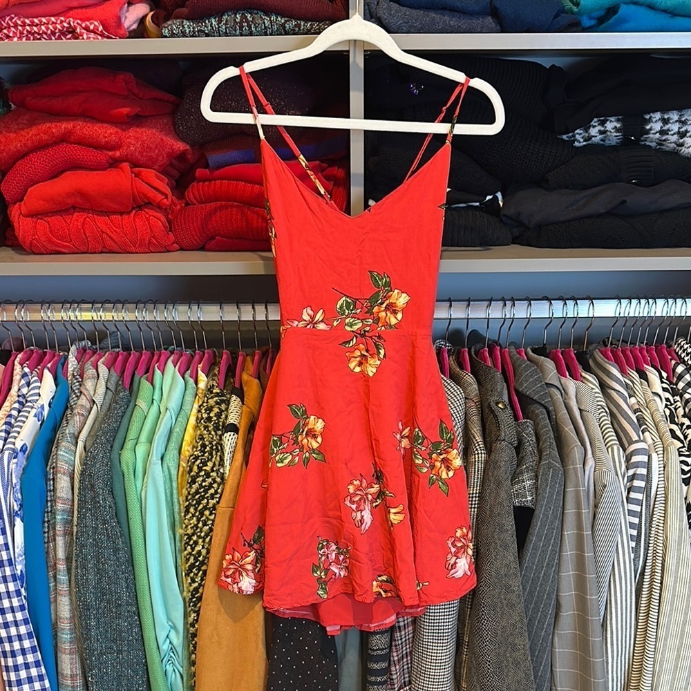 Forever 21 red/yellow floral back tie adjustable strap romper size S